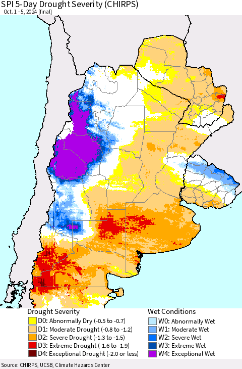 Southern South America SPI 5-Day Drought Severity (CHIRPS) Thematic Map For 10/1/2024 - 10/5/2024