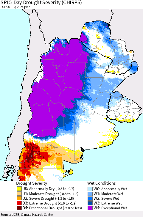 Southern South America SPI 5-Day Drought Severity (CHIRPS) Thematic Map For 10/6/2024 - 10/10/2024