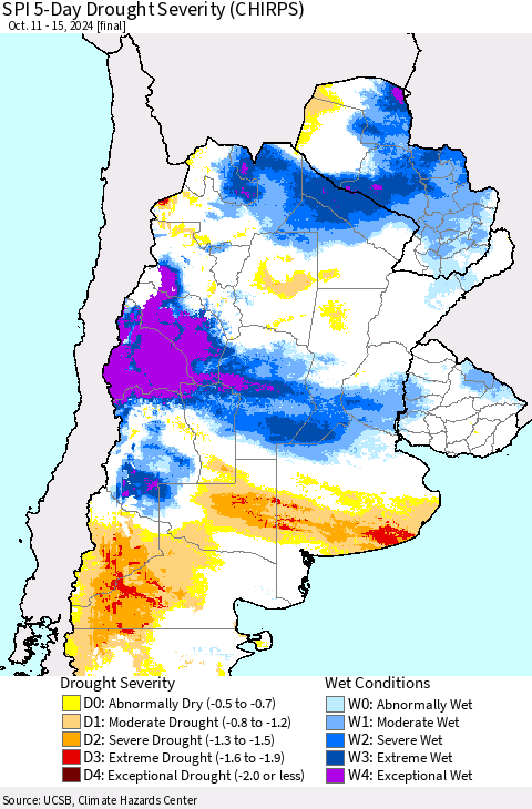 Southern South America SPI 5-Day Drought Severity (CHIRPS) Thematic Map For 10/11/2024 - 10/15/2024