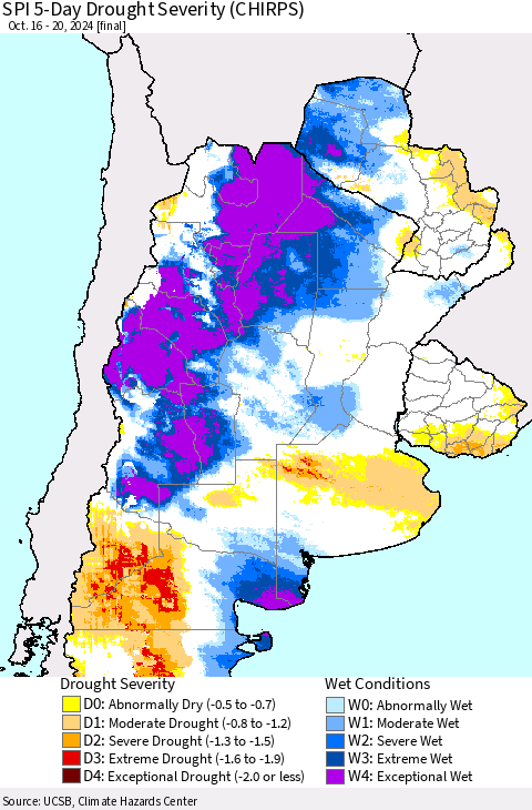 Southern South America SPI 5-Day Drought Severity (CHIRPS) Thematic Map For 10/16/2024 - 10/20/2024