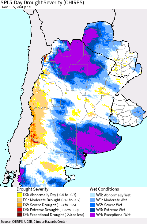 Southern South America SPI 5-Day Drought Severity (CHIRPS) Thematic Map For 11/1/2024 - 11/5/2024