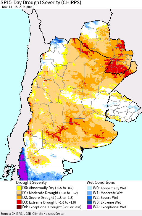 Southern South America SPI 5-Day Drought Severity (CHIRPS) Thematic Map For 11/11/2024 - 11/15/2024