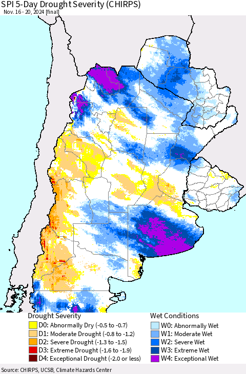 Southern South America SPI 5-Day Drought Severity (CHIRPS) Thematic Map For 11/16/2024 - 11/20/2024