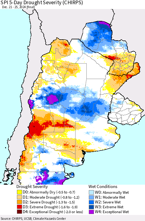 Southern South America SPI 5-Day Drought Severity (CHIRPS) Thematic Map For 12/21/2024 - 12/25/2024