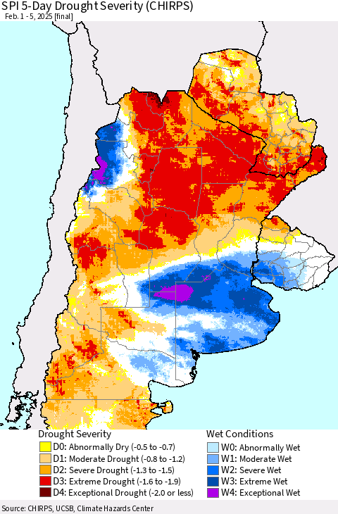 Southern South America SPI 5-Day Drought Severity (CHIRPS) Thematic Map For 2/1/2025 - 2/5/2025