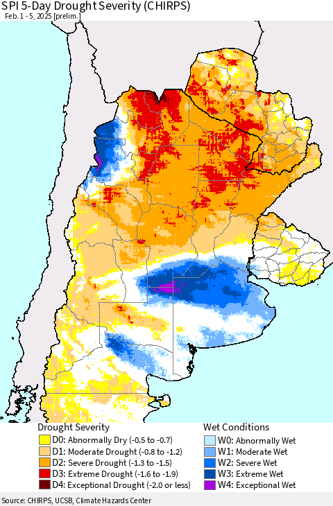 Southern South America SPI 5-Day Drought Severity (CHIRPS) Thematic Map For 2/1/2025 - 2/5/2025