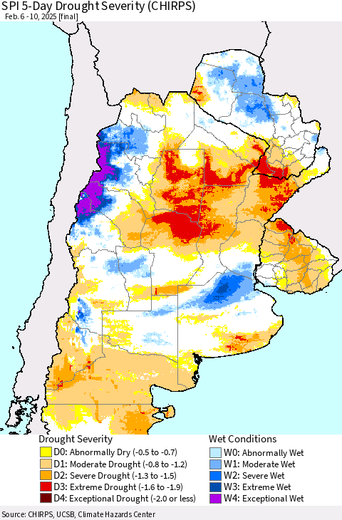 Southern South America SPI 5-Day Drought Severity (CHIRPS) Thematic Map For 2/6/2025 - 2/10/2025