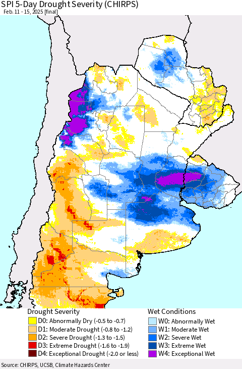 Southern South America SPI 5-Day Drought Severity (CHIRPS) Thematic Map For 2/11/2025 - 2/15/2025