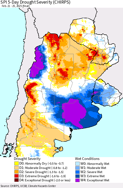 Southern South America SPI 5-Day Drought Severity (CHIRPS) Thematic Map For 2/21/2025 - 2/25/2025