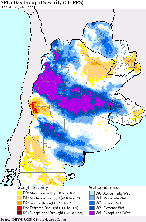 Southern South America SPI 5-Day Drought Severity (CHIRPS) Thematic Map For 2/26/2025 - 2/28/2025