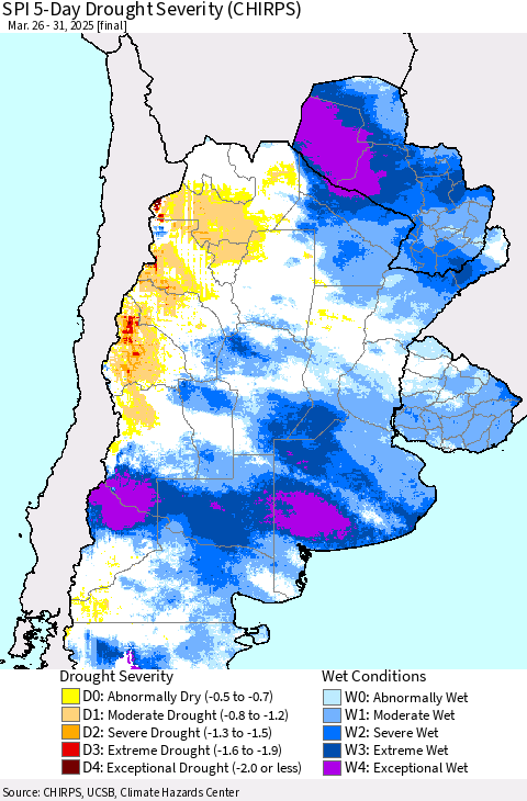 Southern South America SPI 5-Day Drought Severity (CHIRPS) Thematic Map For 3/26/2025 - 3/31/2025