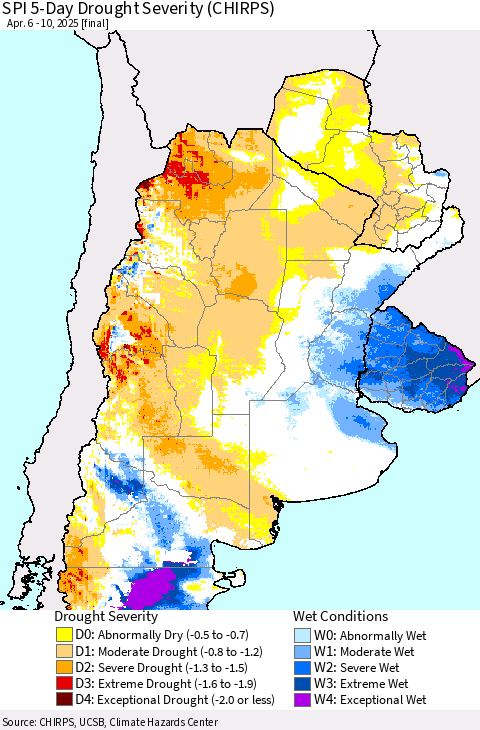 Southern South America SPI 5-Day Drought Severity (CHIRPS) Thematic Map For 4/6/2025 - 4/10/2025