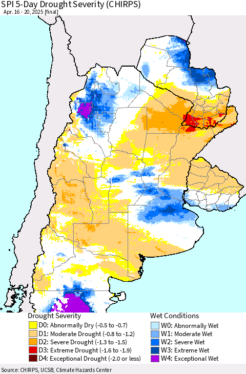 Southern South America SPI 5-Day Drought Severity (CHIRPS) Thematic Map For 4/16/2025 - 4/20/2025