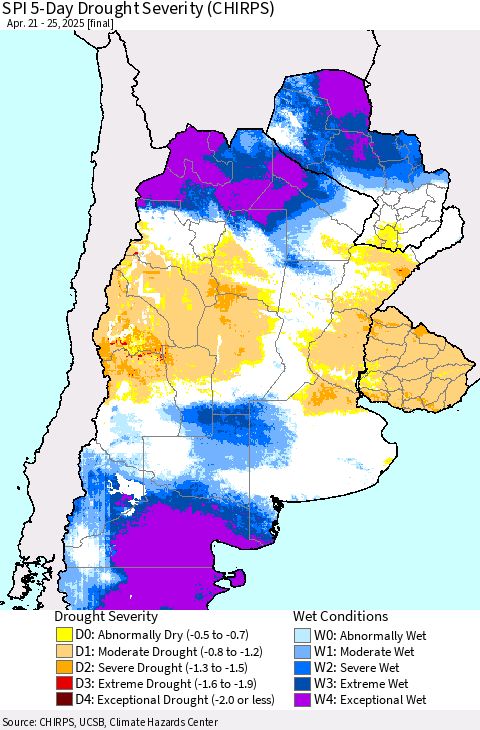 Southern South America SPI 5-Day Drought Severity (CHIRPS) Thematic Map For 4/21/2025 - 4/25/2025
