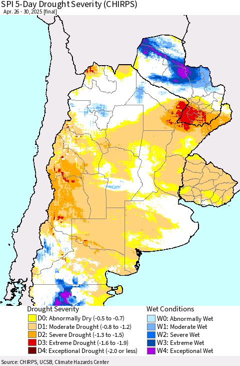 Southern South America SPI 5-Day Drought Severity (CHIRPS) Thematic Map For 4/26/2025 - 4/30/2025