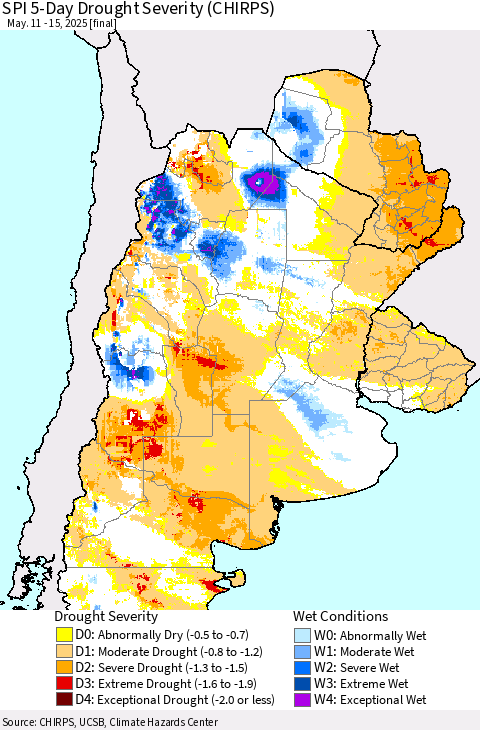 Southern South America SPI 5-Day Drought Severity (CHIRPS) Thematic Map For 5/11/2025 - 5/15/2025
