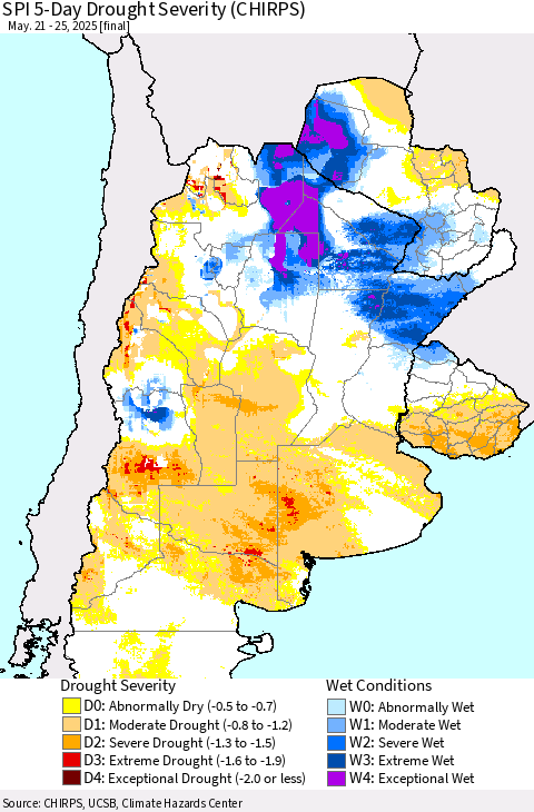 Southern South America SPI 5-Day Drought Severity (CHIRPS) Thematic Map For 5/21/2025 - 5/25/2025