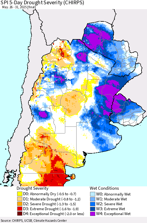 Southern South America SPI 5-Day Drought Severity (CHIRPS) Thematic Map For 5/26/2025 - 5/31/2025