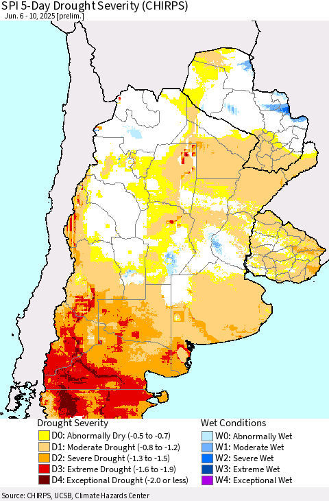 Southern South America SPI 5-Day Drought Severity (CHIRPS) Thematic Map For 6/6/2025 - 6/10/2025