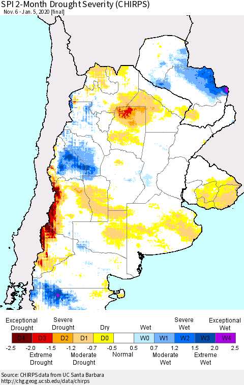 Southern South America SPI 2-Month Drought Severity (CHIRPS) Thematic Map For 11/6/2019 - 1/5/2020
