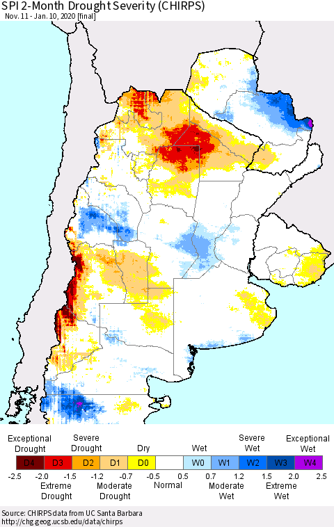 Southern South America SPI 2-Month Drought Severity (CHIRPS) Thematic Map For 11/11/2019 - 1/10/2020