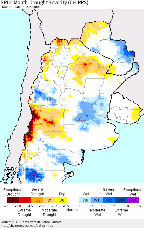 Southern South America SPI 2-Month Drought Severity (CHIRPS) Thematic Map For 11/16/2019 - 1/15/2020