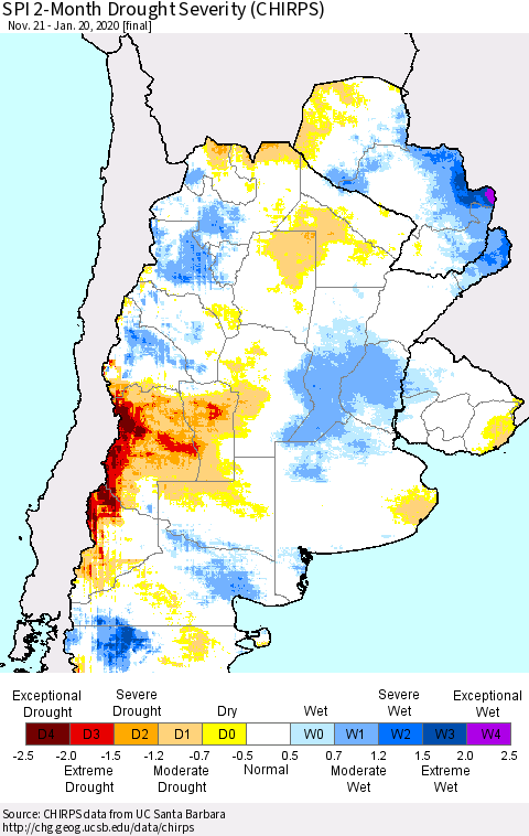 Southern South America SPI 2-Month Drought Severity (CHIRPS) Thematic Map For 11/21/2019 - 1/20/2020