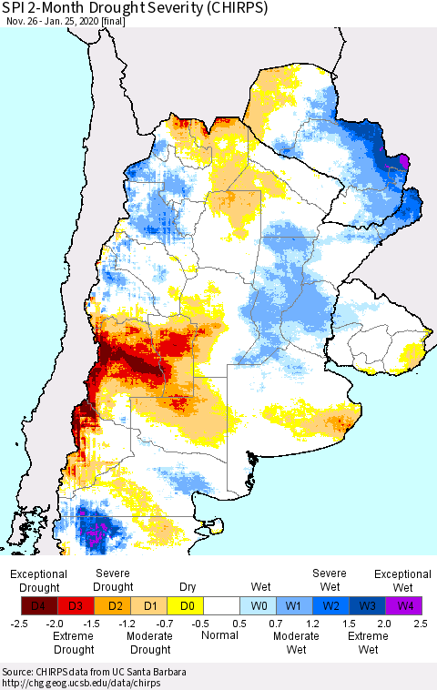 Southern South America SPI 2-Month Drought Severity (CHIRPS) Thematic Map For 11/26/2019 - 1/25/2020