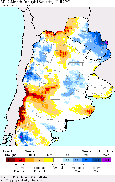 Southern South America SPI 2-Month Drought Severity (CHIRPS) Thematic Map For 12/1/2019 - 1/31/2020