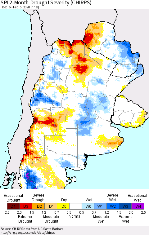 Southern South America SPI 2-Month Drought Severity (CHIRPS) Thematic Map For 12/6/2019 - 2/5/2020