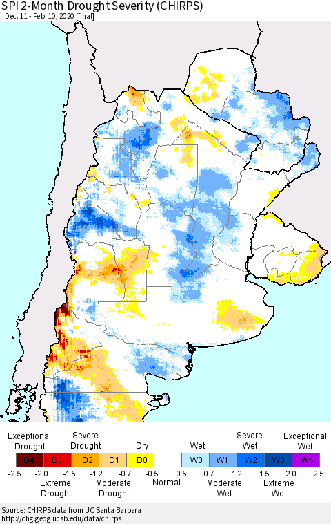 Southern South America SPI 2-Month Drought Severity (CHIRPS) Thematic Map For 12/11/2019 - 2/10/2020