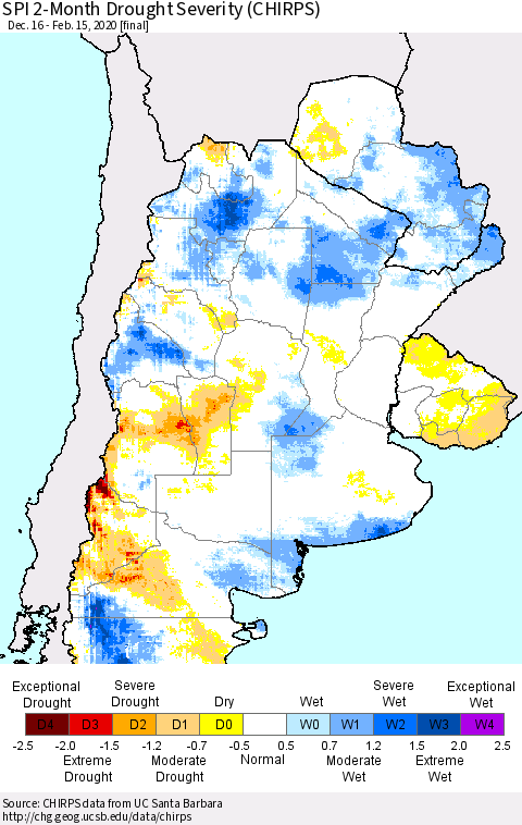 Southern South America SPI 2-Month Drought Severity (CHIRPS) Thematic Map For 12/16/2019 - 2/15/2020