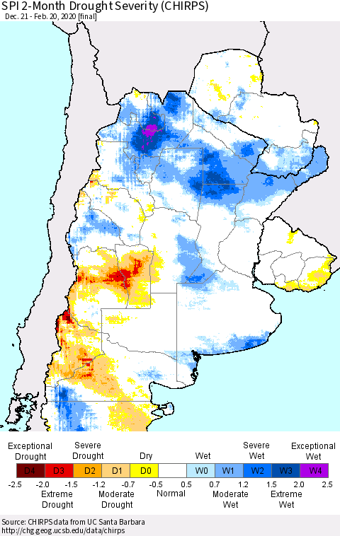 Southern South America SPI 2-Month Drought Severity (CHIRPS) Thematic Map For 12/21/2019 - 2/20/2020