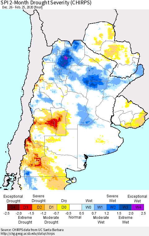 Southern South America SPI 2-Month Drought Severity (CHIRPS) Thematic Map For 12/26/2019 - 2/25/2020
