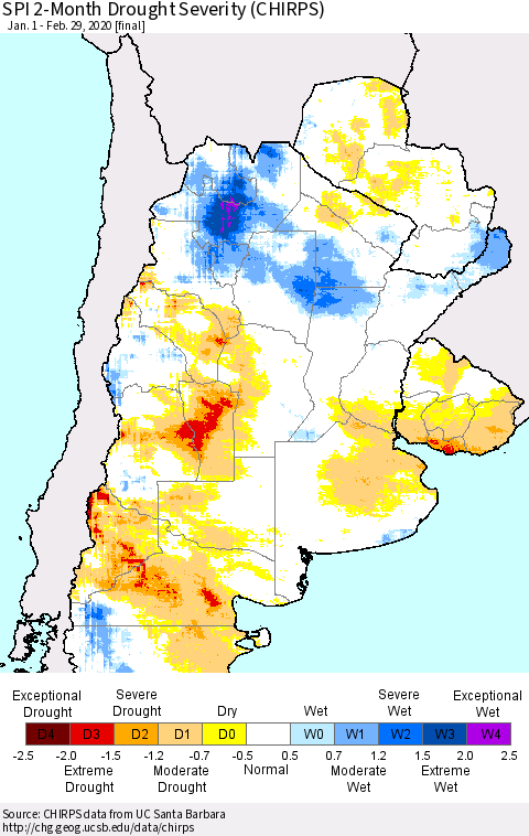 Southern South America SPI 2-Month Drought Severity (CHIRPS) Thematic Map For 1/1/2020 - 2/29/2020