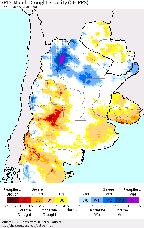 Southern South America SPI 2-Month Drought Severity (CHIRPS) Thematic Map For 1/6/2020 - 3/5/2020