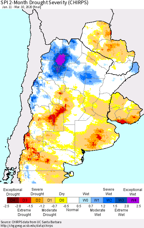 Southern South America SPI 2-Month Drought Severity (CHIRPS) Thematic Map For 1/11/2020 - 3/10/2020