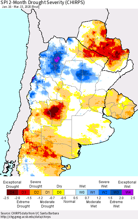 Southern South America SPI 2-Month Drought Severity (CHIRPS) Thematic Map For 1/16/2020 - 3/15/2020