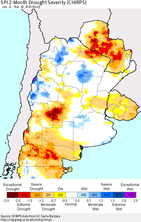 Southern South America SPI 2-Month Drought Severity (CHIRPS) Thematic Map For 1/21/2020 - 3/20/2020