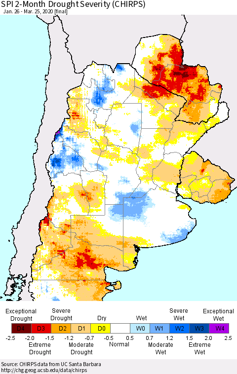 Southern South America SPI 2-Month Drought Severity (CHIRPS) Thematic Map For 1/26/2020 - 3/25/2020