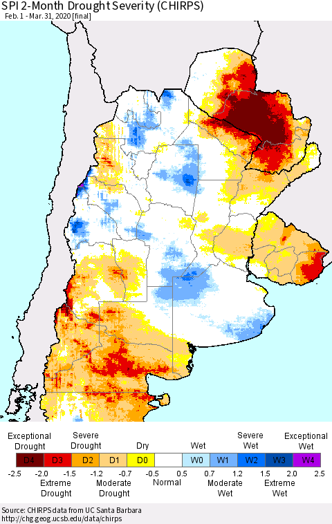 Southern South America SPI 2-Month Drought Severity (CHIRPS) Thematic Map For 2/1/2020 - 3/31/2020