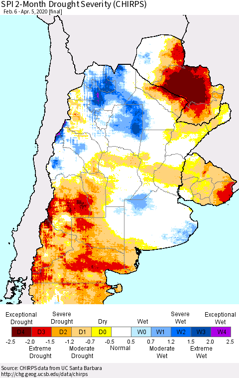 Southern South America SPI 2-Month Drought Severity (CHIRPS) Thematic Map For 2/6/2020 - 4/5/2020