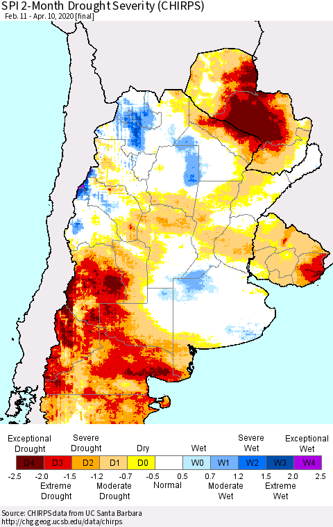 Southern South America SPI 2-Month Drought Severity (CHIRPS) Thematic Map For 2/11/2020 - 4/10/2020