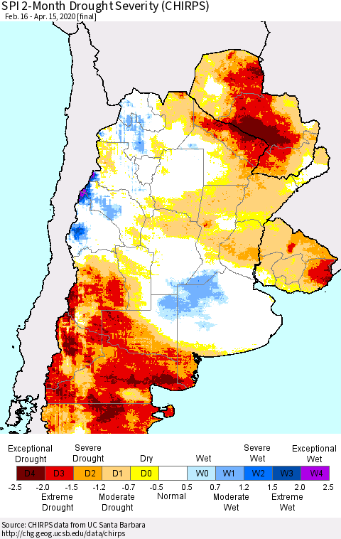 Southern South America SPI 2-Month Drought Severity (CHIRPS) Thematic Map For 2/16/2020 - 4/15/2020