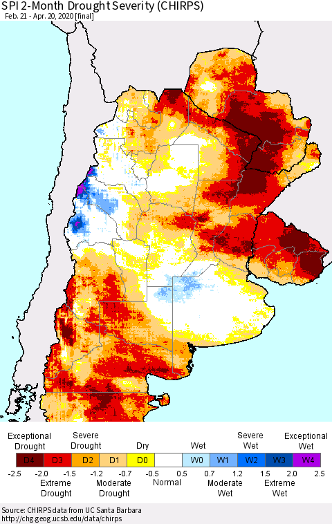 Southern South America SPI 2-Month Drought Severity (CHIRPS) Thematic Map For 2/21/2020 - 4/20/2020