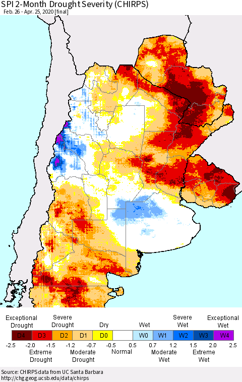 Southern South America SPI 2-Month Drought Severity (CHIRPS) Thematic Map For 2/26/2020 - 4/25/2020