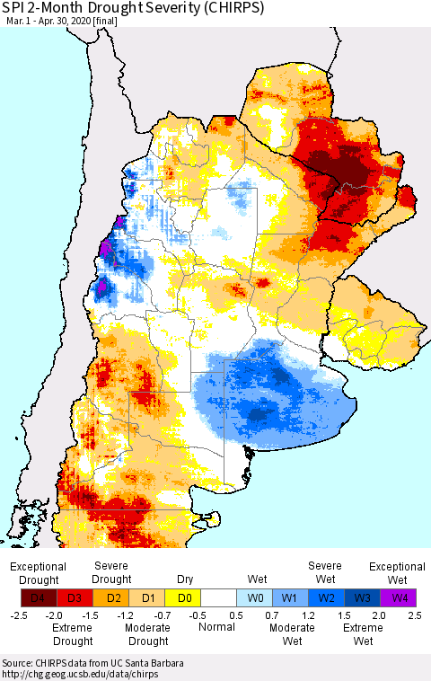 Southern South America SPI 2-Month Drought Severity (CHIRPS) Thematic Map For 3/1/2020 - 4/30/2020