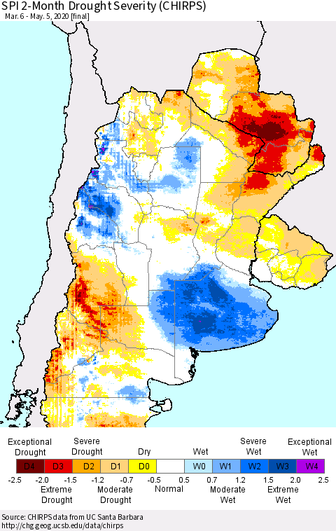 Southern South America SPI 2-Month Drought Severity (CHIRPS) Thematic Map For 3/6/2020 - 5/5/2020
