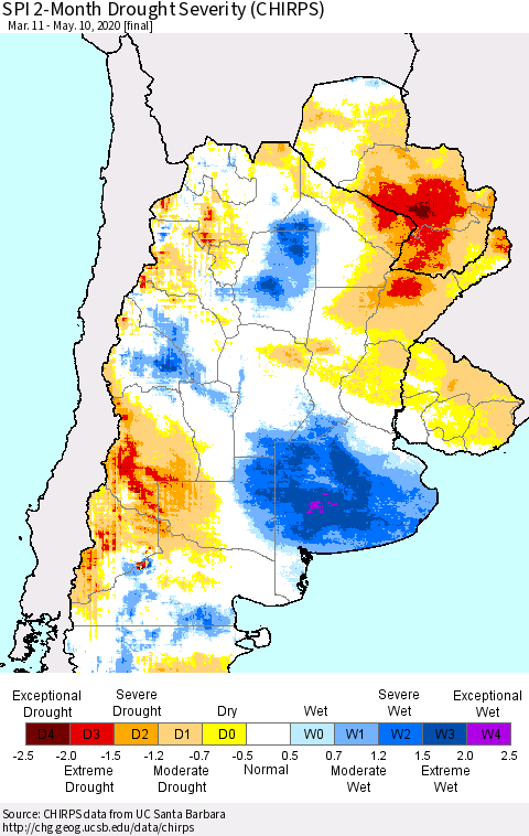 Southern South America SPI 2-Month Drought Severity (CHIRPS) Thematic Map For 3/11/2020 - 5/10/2020