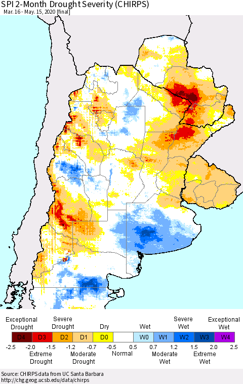 Southern South America SPI 2-Month Drought Severity (CHIRPS) Thematic Map For 3/16/2020 - 5/15/2020